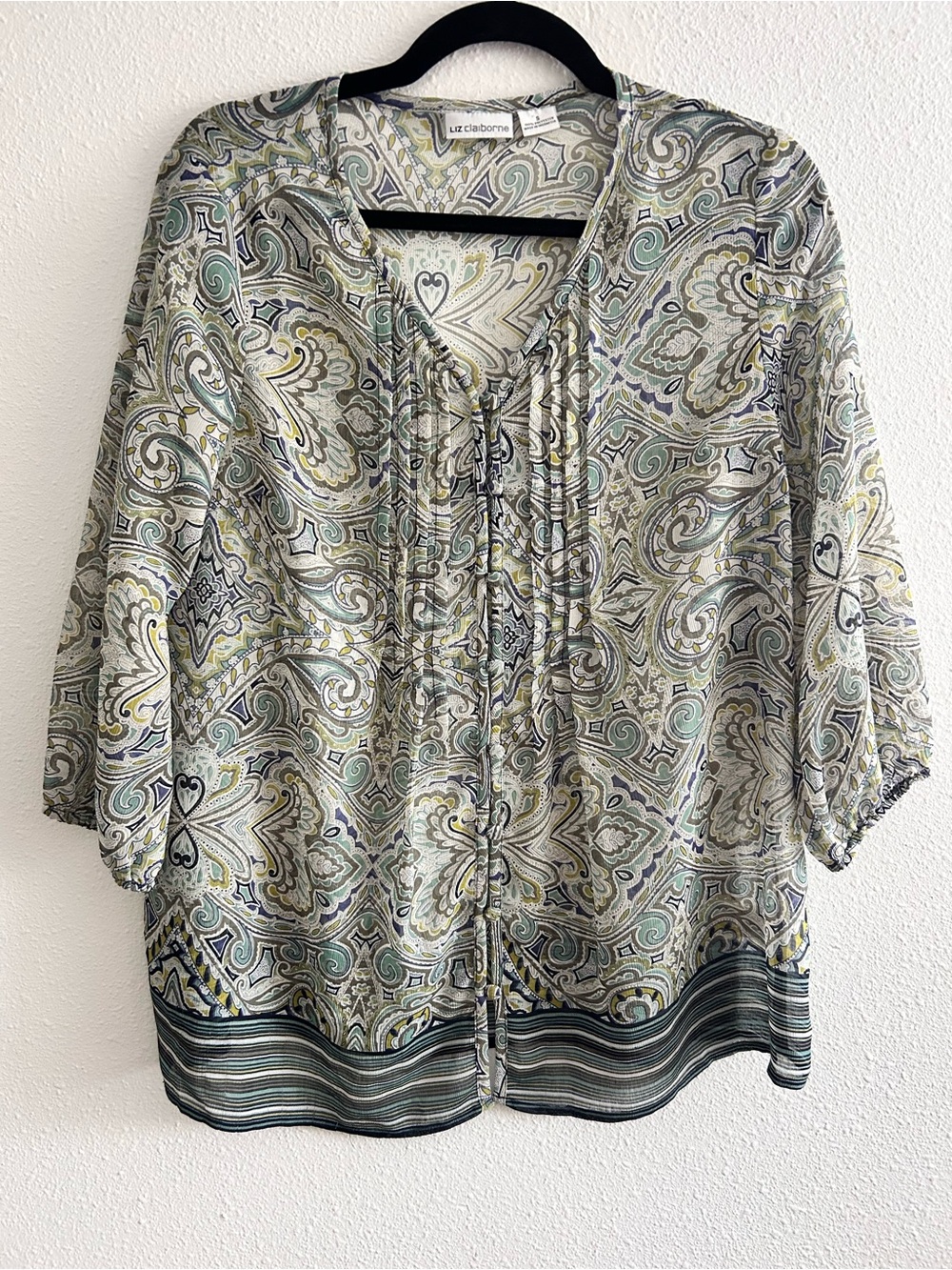 Liz Claiborne Paisley Tie-Front Tunic in Sage, Cream & Blue